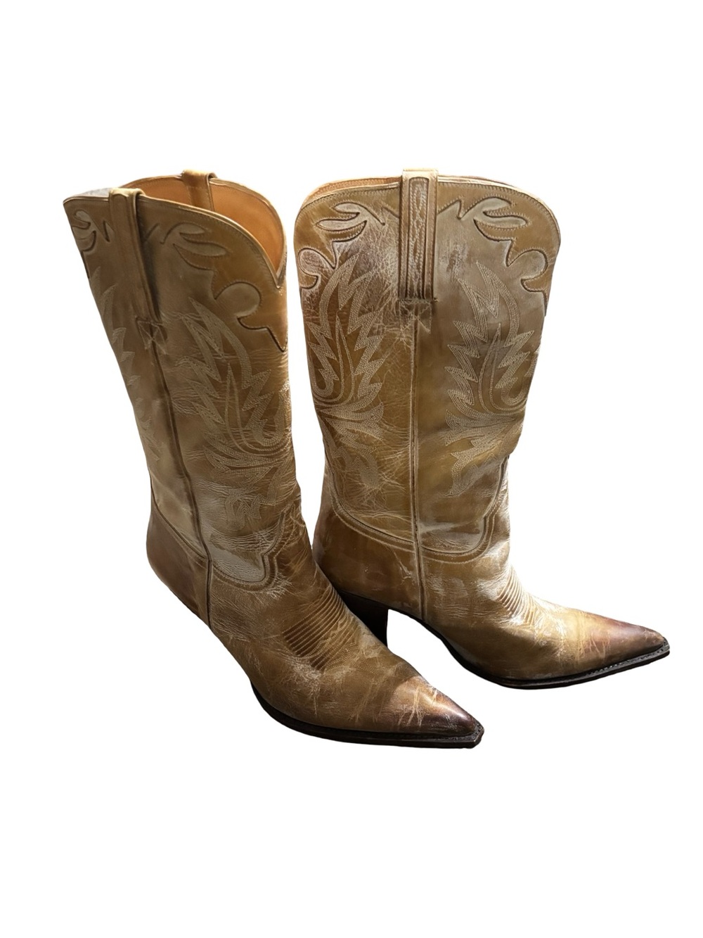VTG Charlie 1 Horse Lucchese Distressed Beige Leather Snip Toe Western Boot